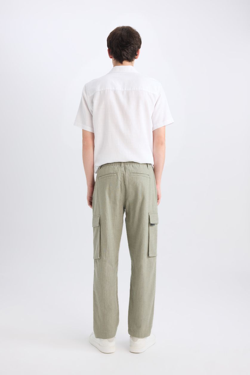Man Light Khaki Relax Fit Regular Hem Zip-Up Cotton Trousers