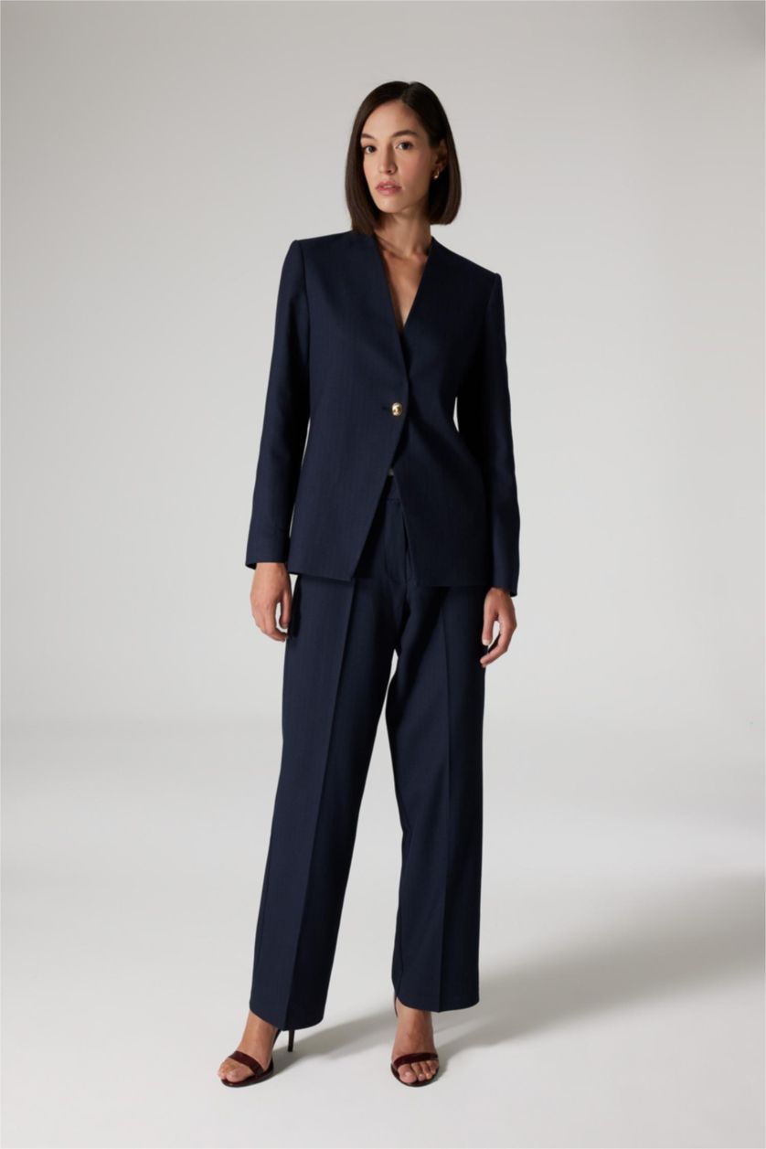 Kadın Lacivert Sorbe x DeFacto Regular Fit V Yaka Düğmeli Blazer Ceket