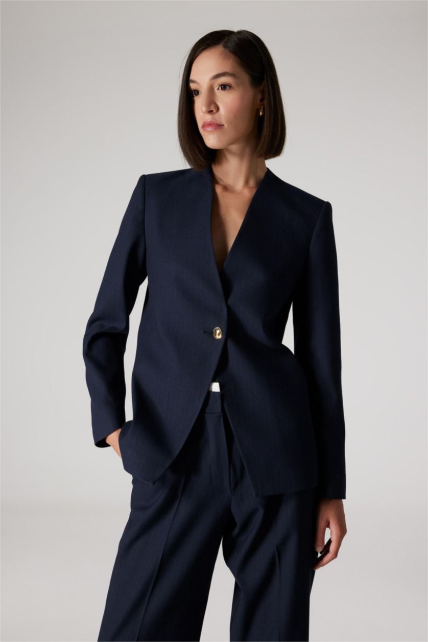 Kadın Lacivert Sorbe x DeFacto Regular Fit V Yaka Düğmeli Blazer Ceket