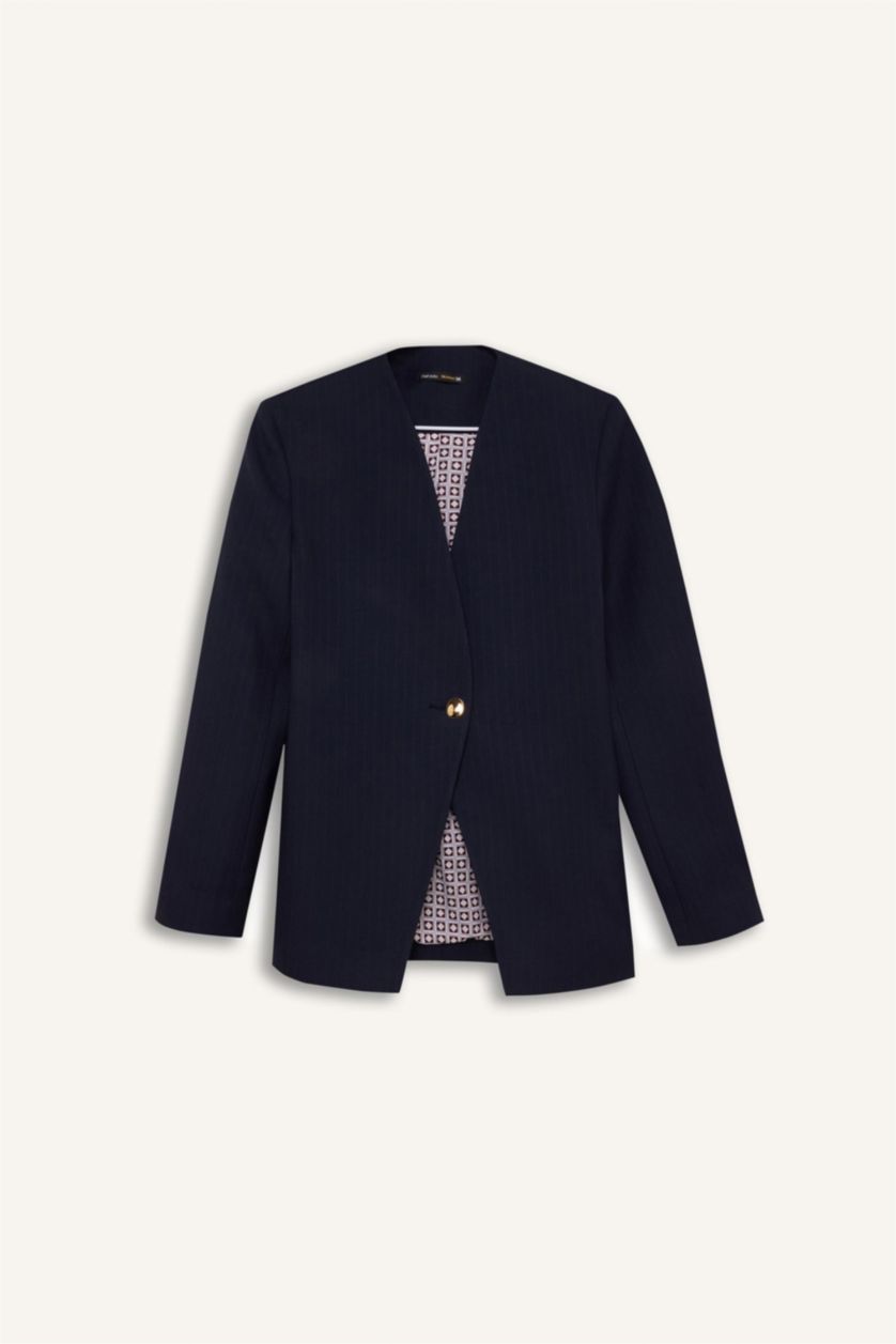 Kadın Lacivert Sorbe x DeFacto Regular Fit V Yaka Düğmeli Blazer Ceket