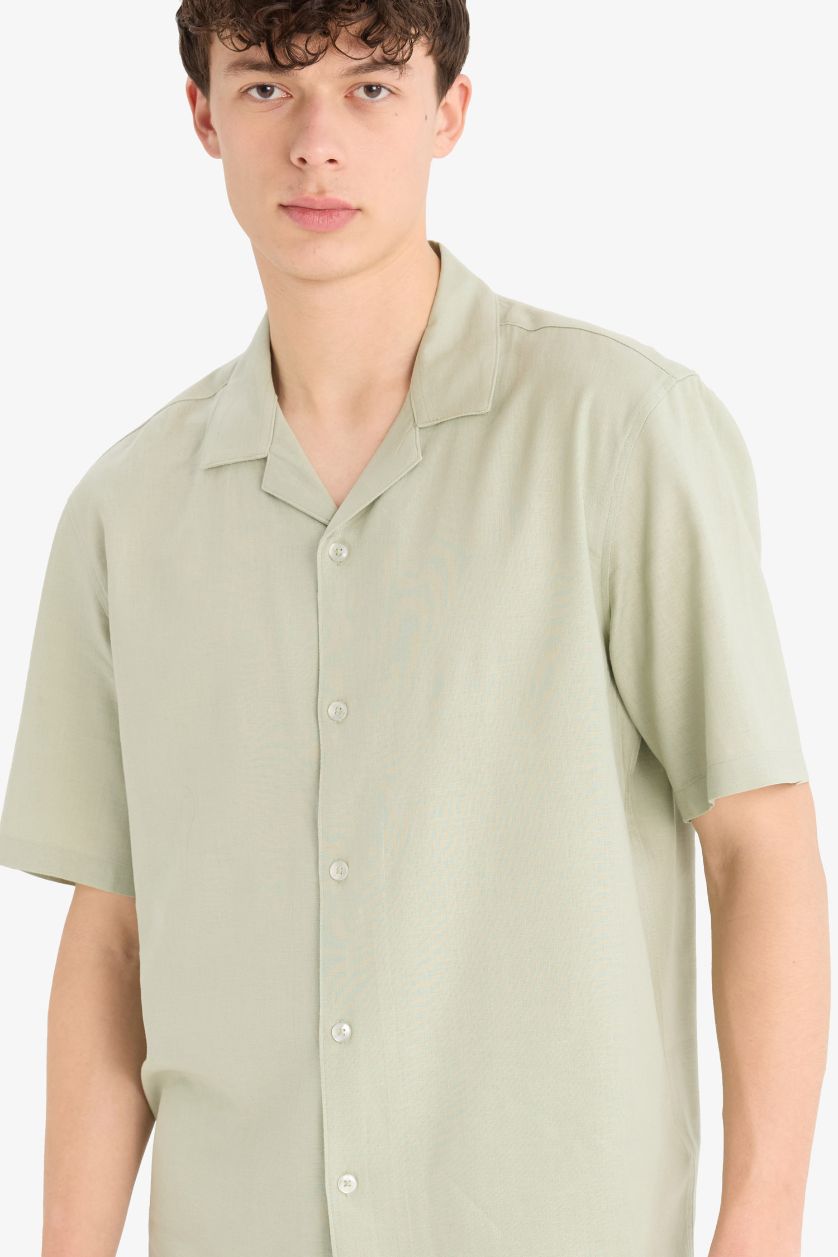 Erkek Yeşil Relax Fit Polo Yaka Keten Karışımlı Kısa Kollu Gömlek