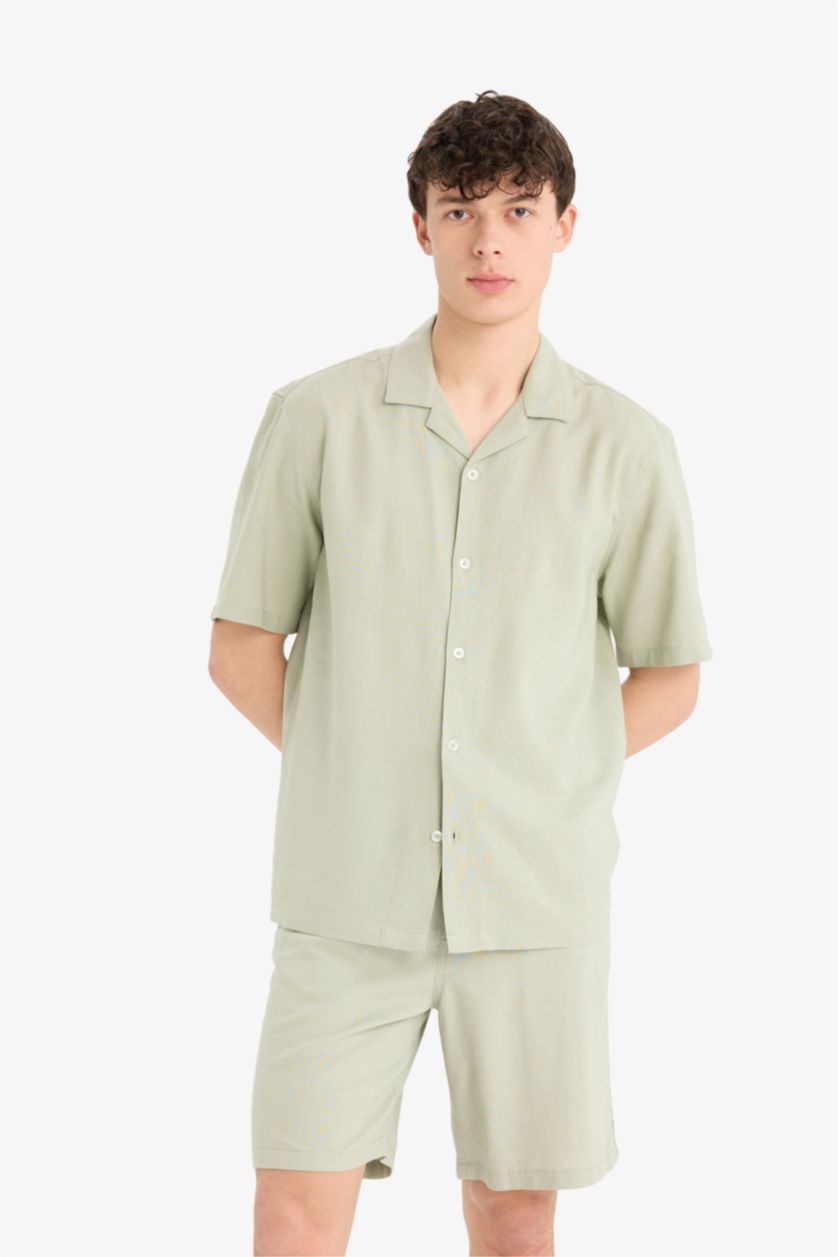 Erkek Yeşil Relax Fit Polo Yaka Keten Karışımlı Kısa Kollu Gömlek