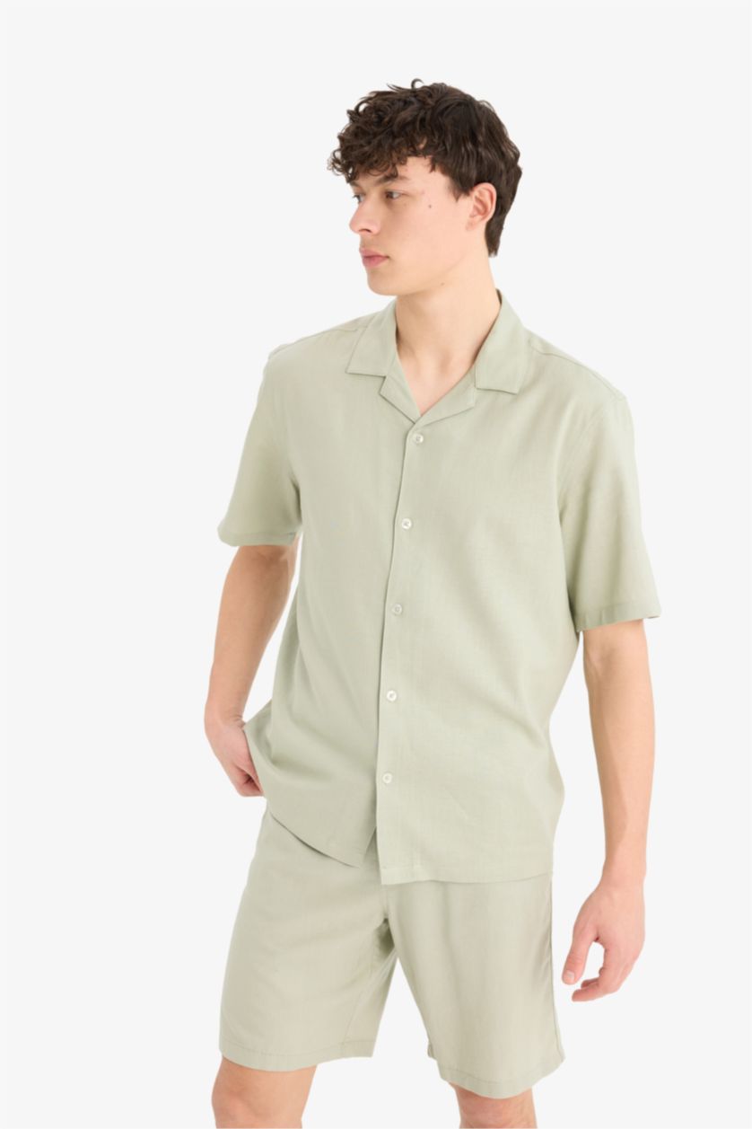 Erkek Yeşil Relax Fit Polo Yaka Keten Karışımlı Kısa Kollu Gömlek