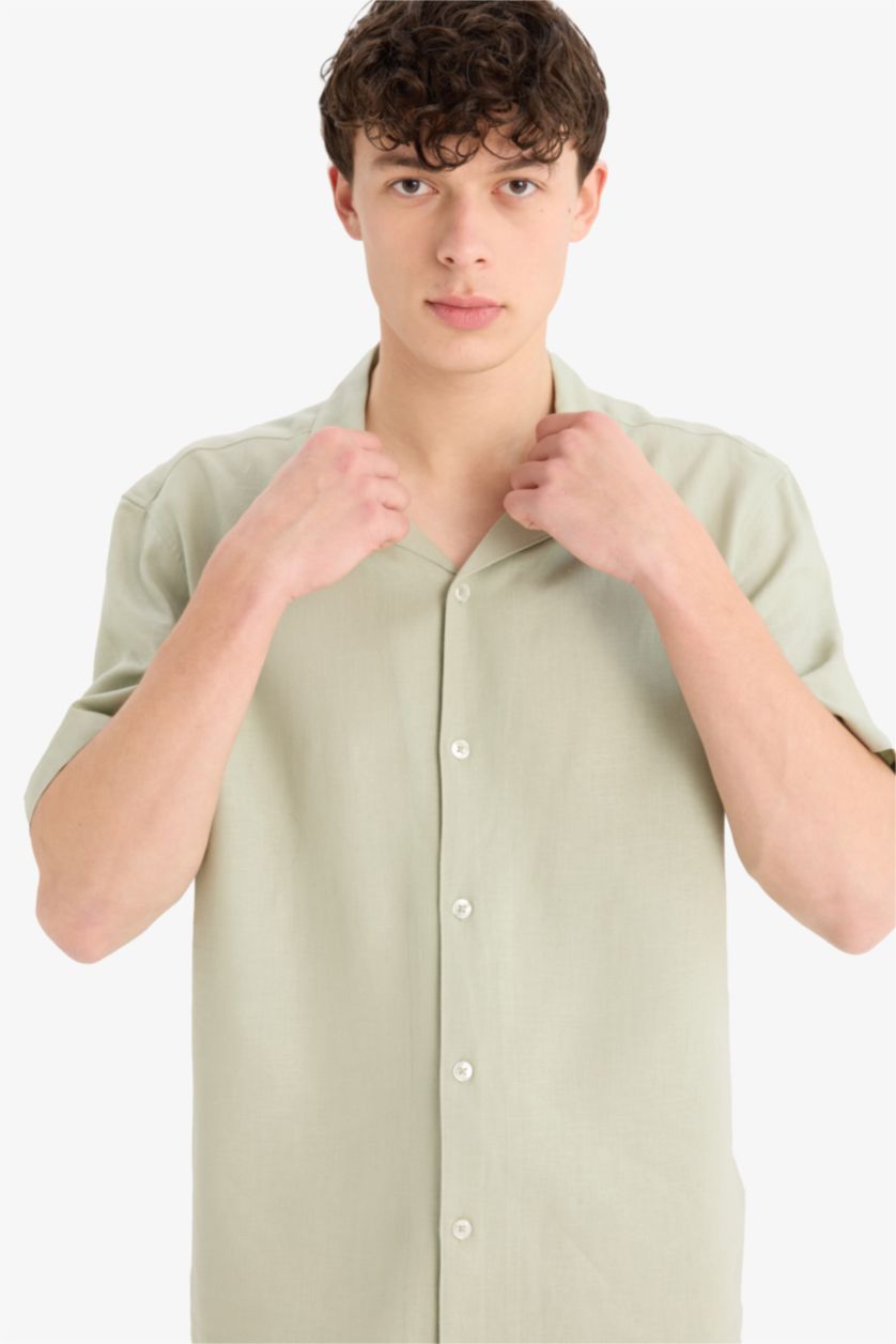 Erkek Yeşil Relax Fit Polo Yaka Keten Karışımlı Kısa Kollu Gömlek