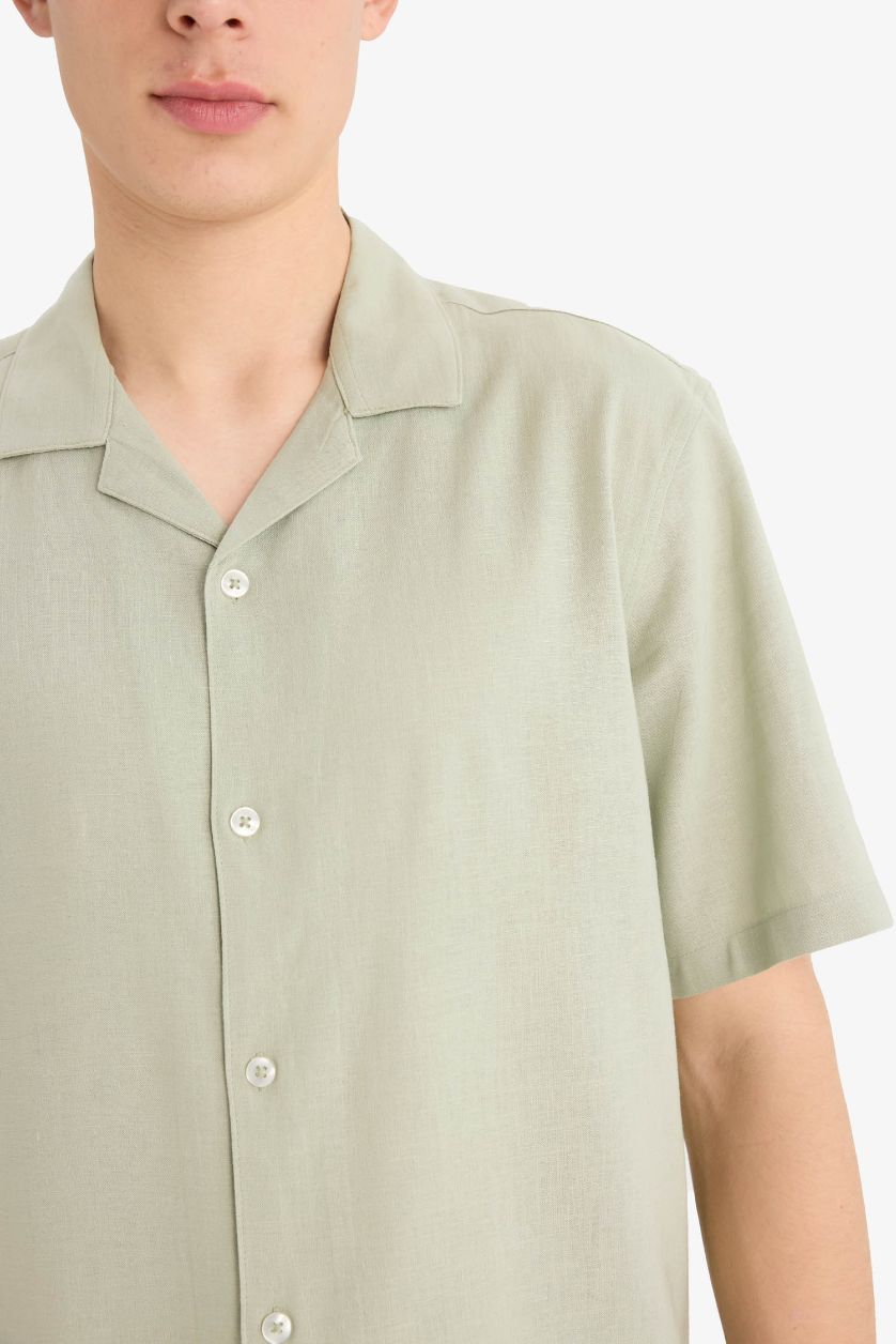 Erkek Yeşil Relax Fit Polo Yaka Keten Karışımlı Kısa Kollu Gömlek