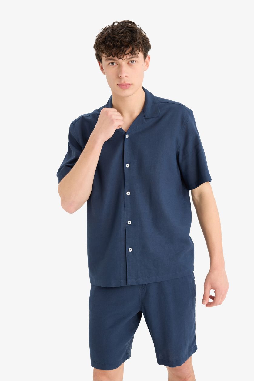 Erkek Lacivert Relax Fit Polo Yaka Keten Karışımlı Kısa Kollu Gömlek