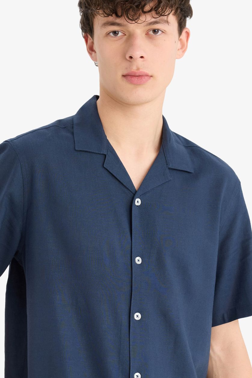 Erkek Lacivert Relax Fit Polo Yaka Keten Karışımlı Kısa Kollu Gömlek