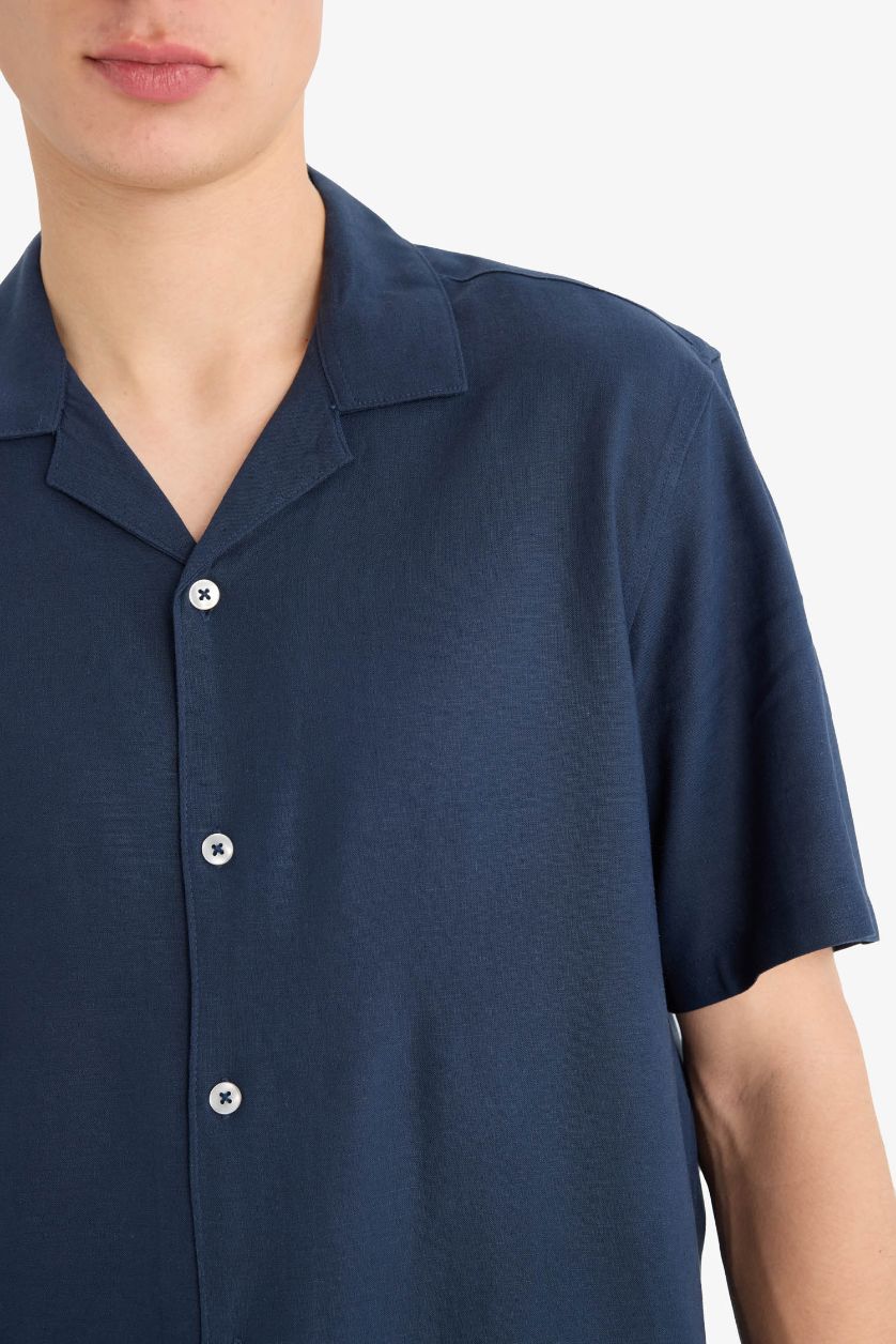 Erkek Lacivert Relax Fit Polo Yaka Keten Karışımlı Kısa Kollu Gömlek