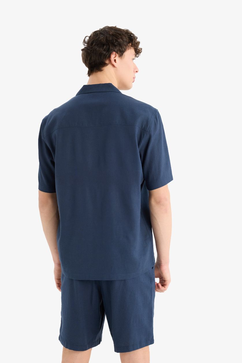 Erkek Lacivert Relax Fit Polo Yaka Keten Karışımlı Kısa Kollu Gömlek