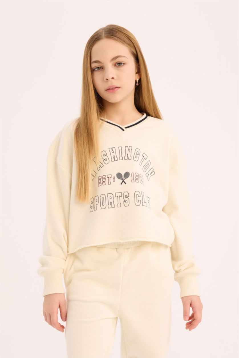 Kız Çocuk - Genç Kız Kırık Beyaz 2'li Takım Baskılı Sweatshirt Beli Paçası Lastikli Eşofman Altı Kız Çocuk