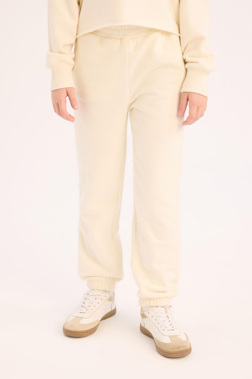 Kız Çocuk - Genç Kız Kırık Beyaz 2'li Takım Baskılı Sweatshirt Beli Paçası Lastikli Eşofman Altı Kız Çocuk