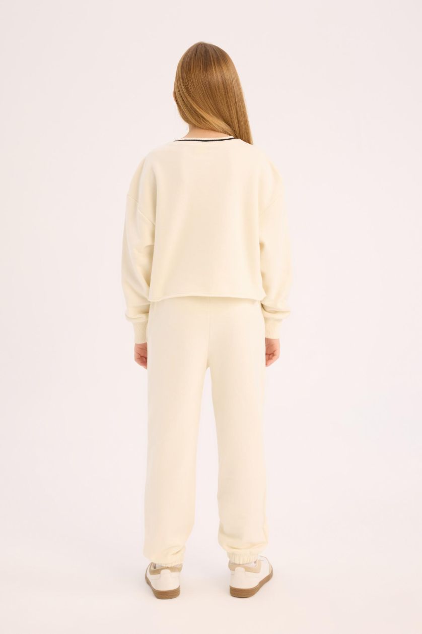 Kız Çocuk - Genç Kız Kırık Beyaz 2'li Takım Baskılı Sweatshirt Beli Paçası Lastikli Eşofman Altı Kız Çocuk