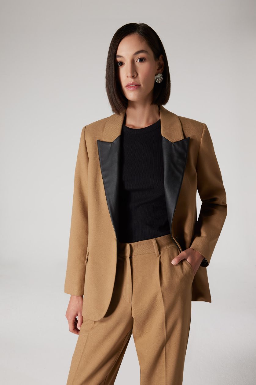 Kadın Meşe Yeşili Sorbe x DeFacto Oversize Geniş Kalıp Ceket Yaka Suni Deri Detaylı Düğmeli Blazer Ceket