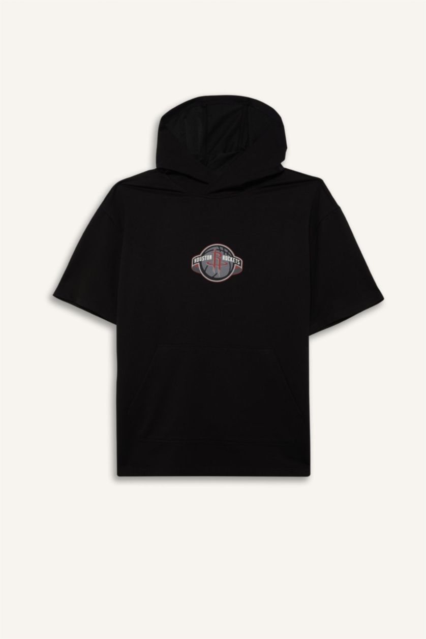 Erkek Siyah NBA Houston Rockets Oversize Geniş Kalıp Kapüşonlu Sırt Baskılı Kısa Kollu Tişört