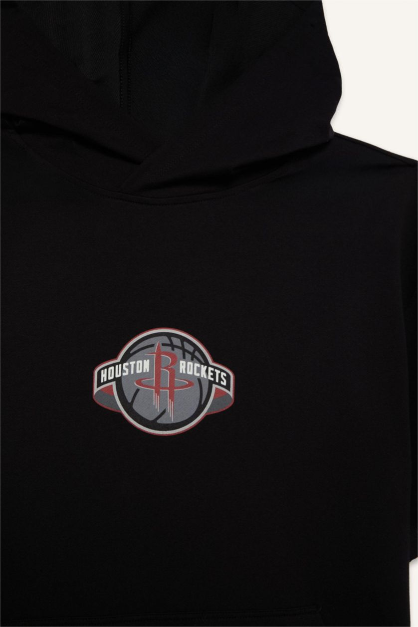 Erkek Siyah NBA Houston Rockets Oversize Geniş Kalıp Kapüşonlu Sırt Baskılı Kısa Kollu Tişört