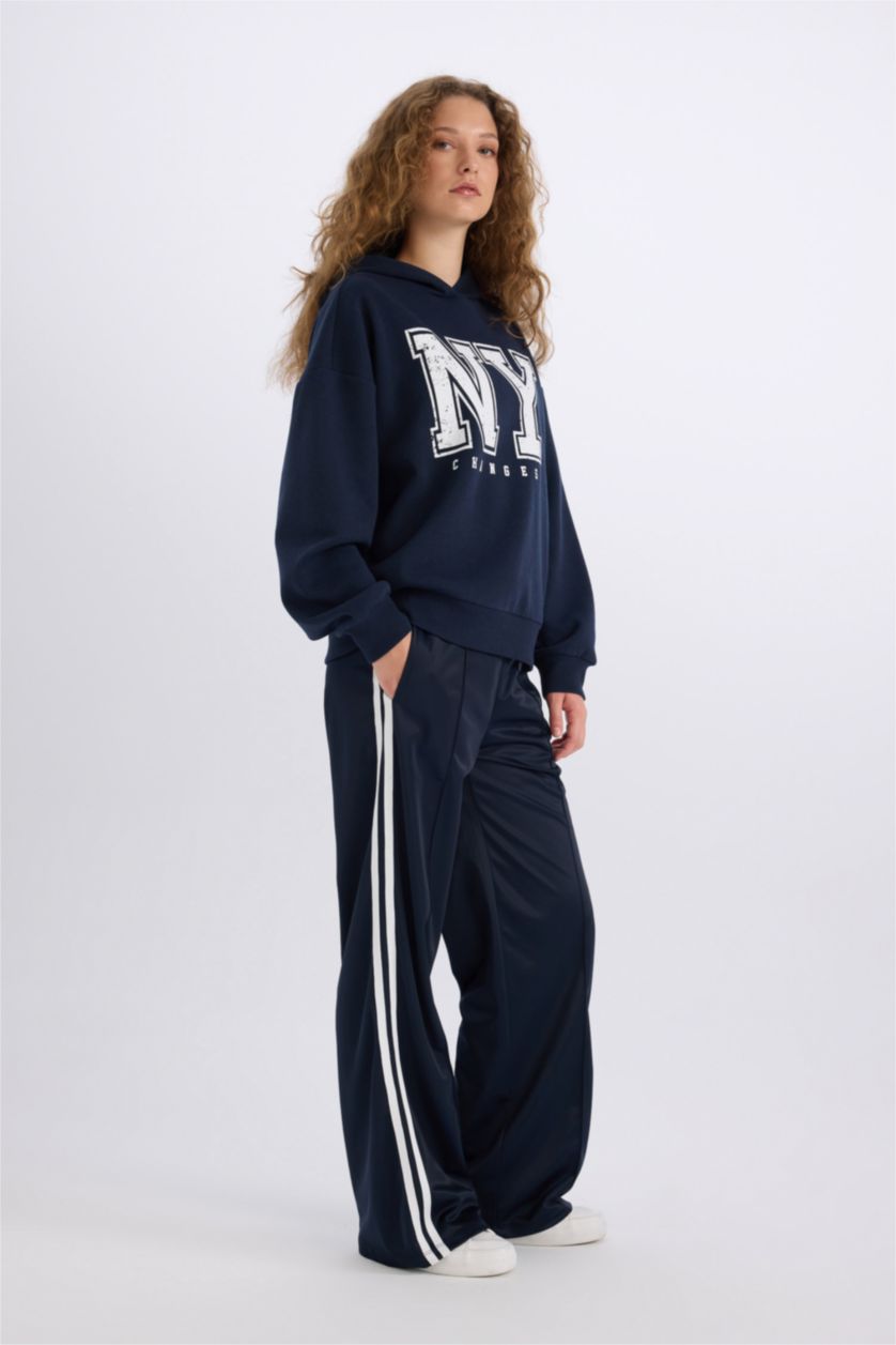 Kadın Lacivert Wide Leg Geniş Paça Beli Lastikli Cepli Uzun Boy Eşofman Altı