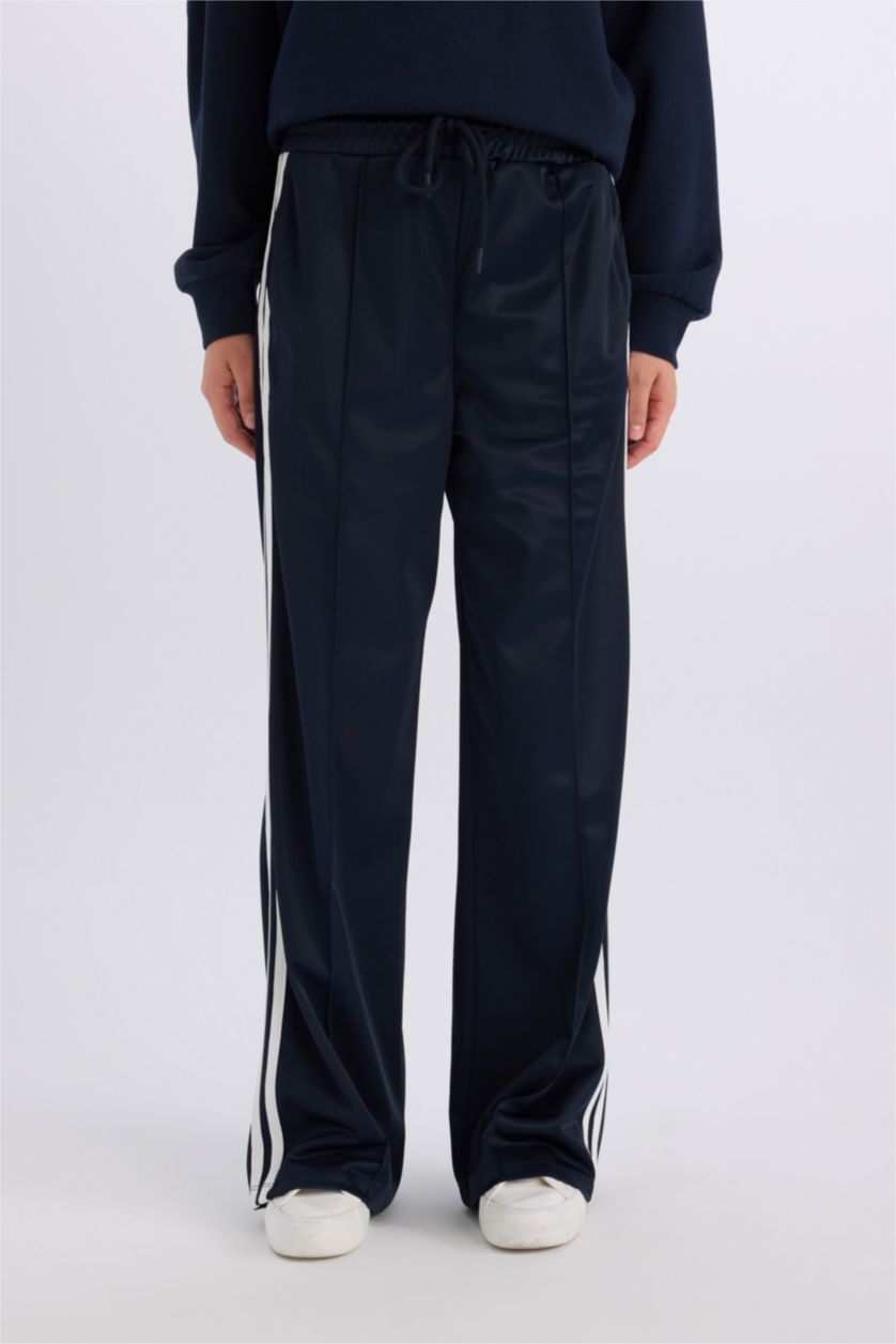 Kadın Lacivert Wide Leg Geniş Paça Beli Lastikli Cepli Uzun Boy Eşofman Altı