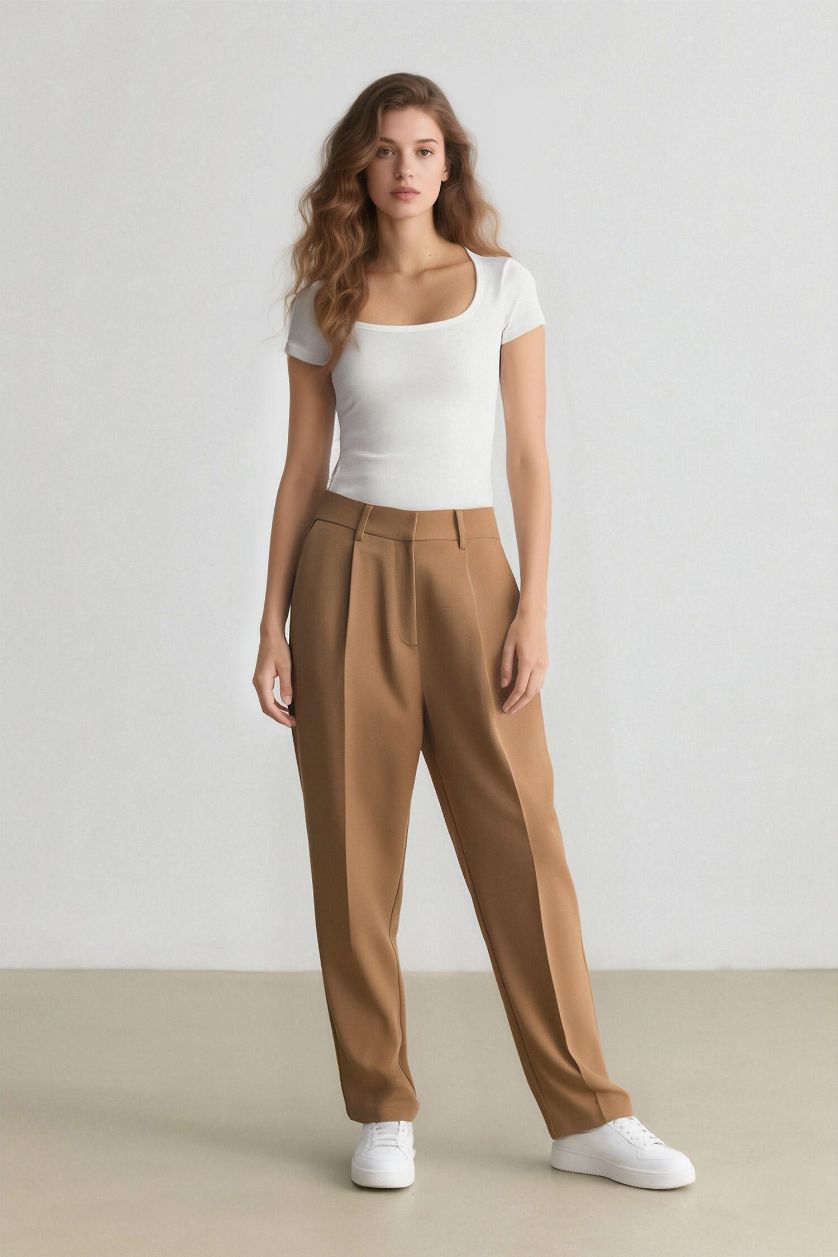WOMAN Teak Sorbe x DeFacto Tapered Fit High Waist Straight Leg Trousers