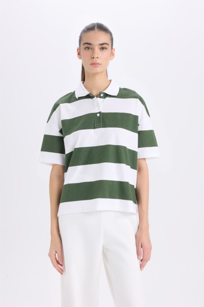 نساء أخضر تيشيرت بولو مخطط نص ردن قطن قصة مريحة