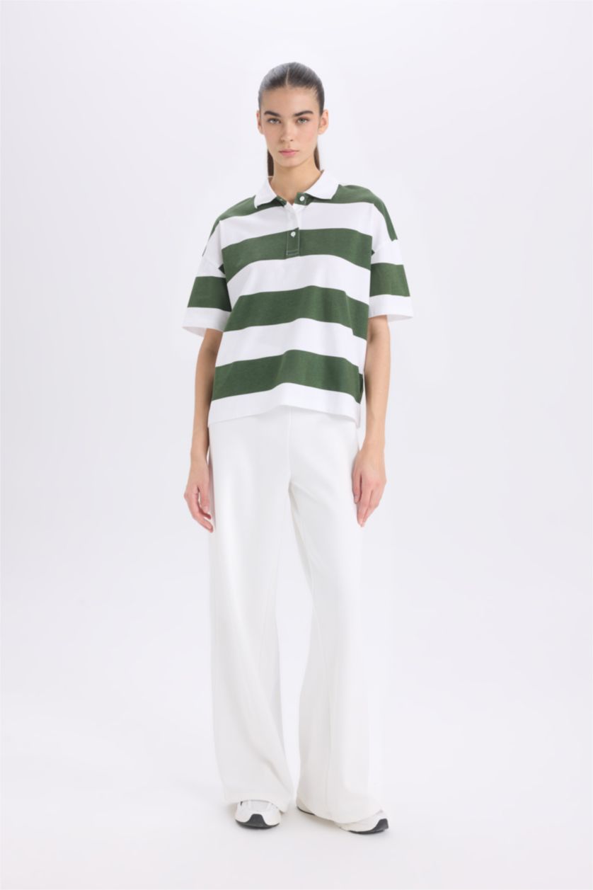 نساء أخضر تيشيرت بولو مخطط نص ردن قطن قصة مريحة