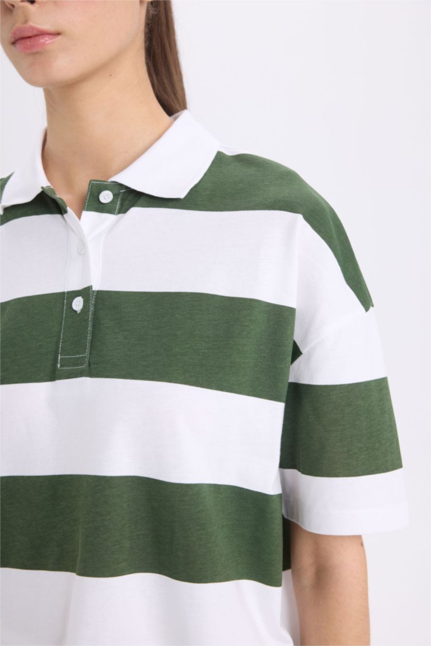 نساء أخضر تيشيرت بولو مخطط نص ردن قطن قصة مريحة