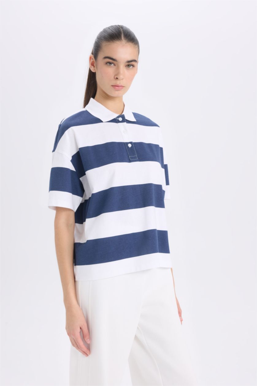 Woman NAVY Relax Fit Polo Collar Striped Cotton Short Sleeve T-Shirt