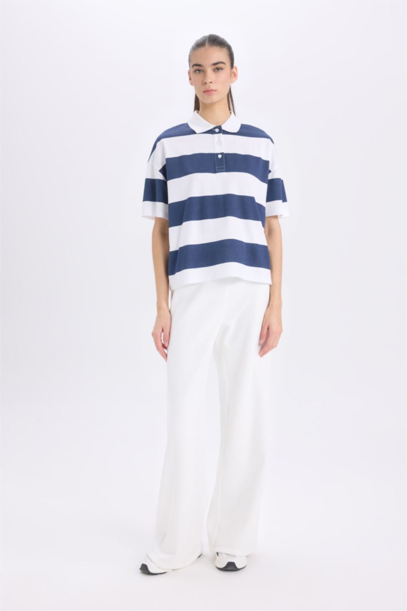 Woman NAVY Relax Fit Polo Collar Striped Cotton Short Sleeve T-Shirt
