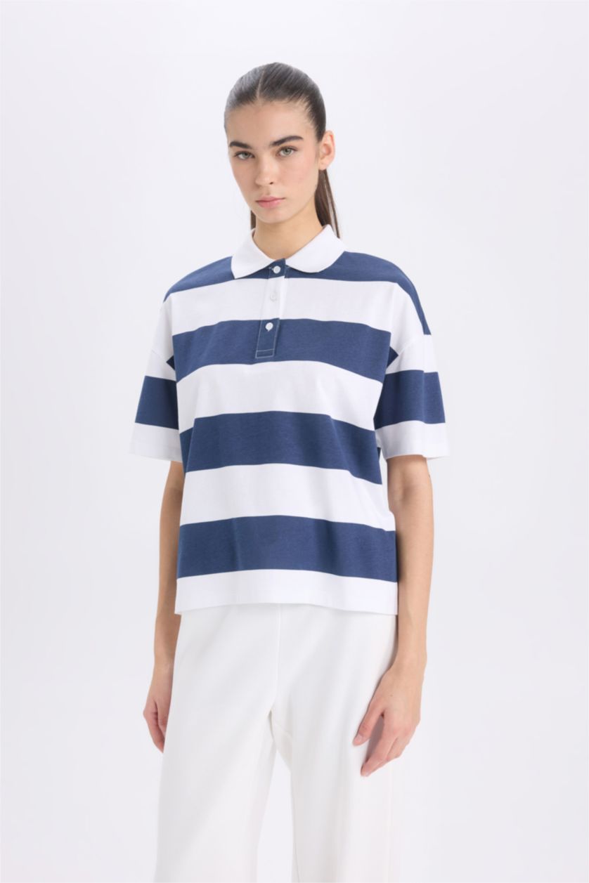 Woman NAVY Relax Fit Polo Collar Striped Cotton Short Sleeve T-Shirt