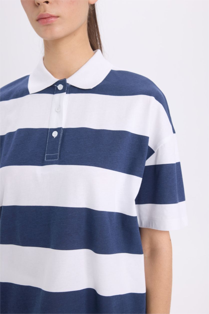 Woman NAVY Relax Fit Polo Collar Striped Cotton Short Sleeve T-Shirt