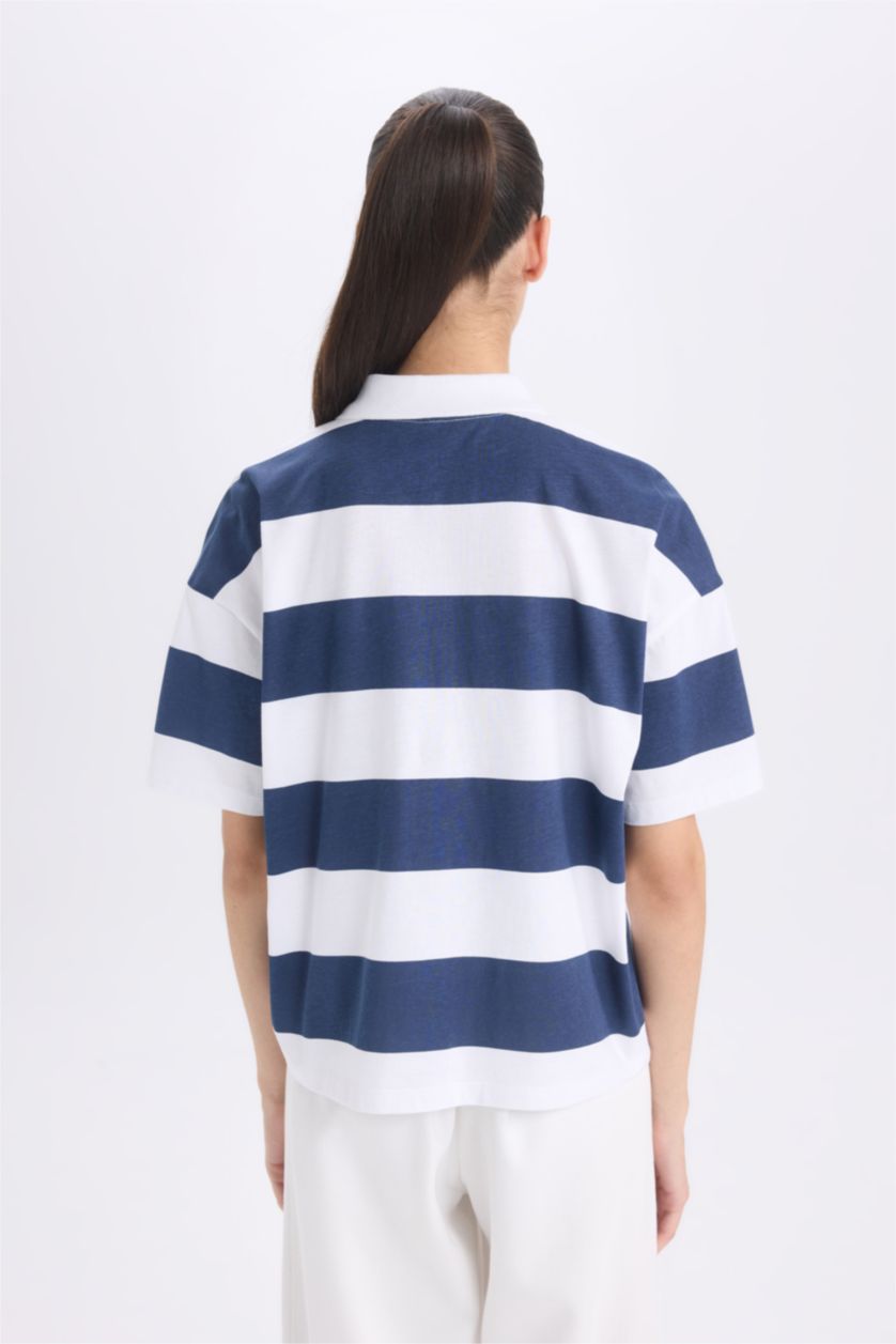 Woman NAVY Relax Fit Polo Collar Striped Cotton Short Sleeve T-Shirt