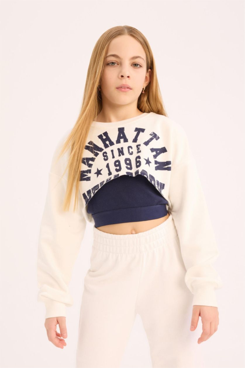 Kız Çocuk - Genç Kız Beyaz Crop Bisiklet Yaka Baskılı Sweatshirt Kız Çocuk