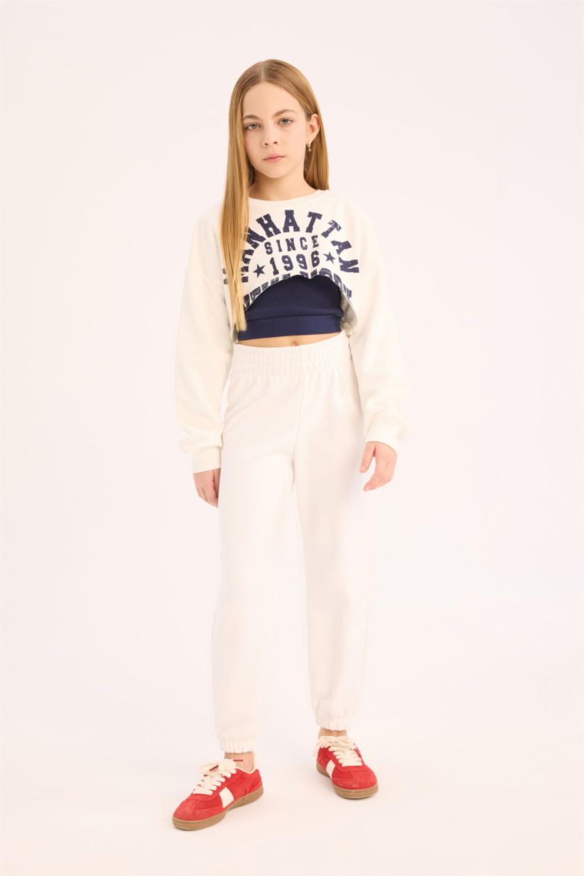 Kız Çocuk - Genç Kız Beyaz Crop Bisiklet Yaka Baskılı Sweatshirt Kız Çocuk