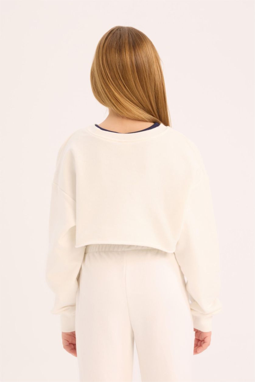 Kız Çocuk - Genç Kız Beyaz Crop Bisiklet Yaka Baskılı Sweatshirt Kız Çocuk