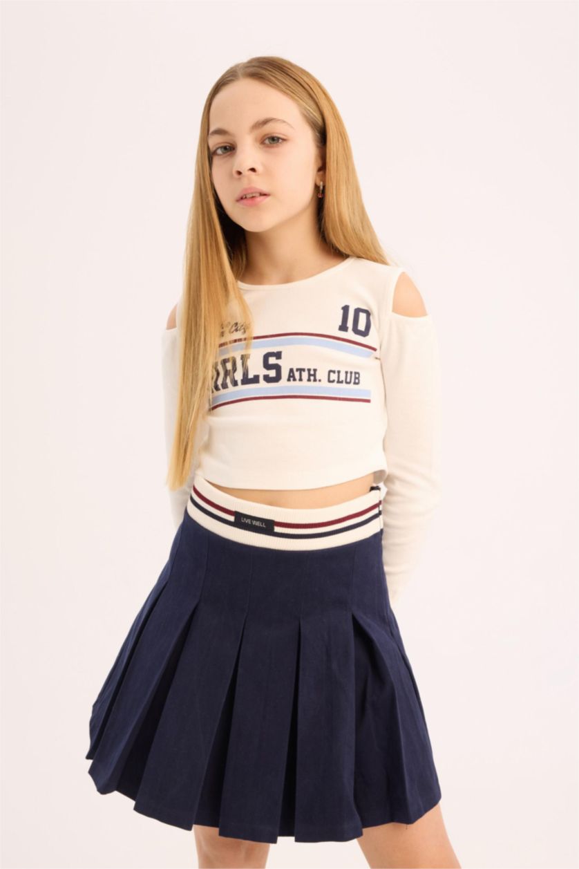 Girls & Teens Ecru Girl Slim Fit Crew Neck Printed Ribbed T-Shirt