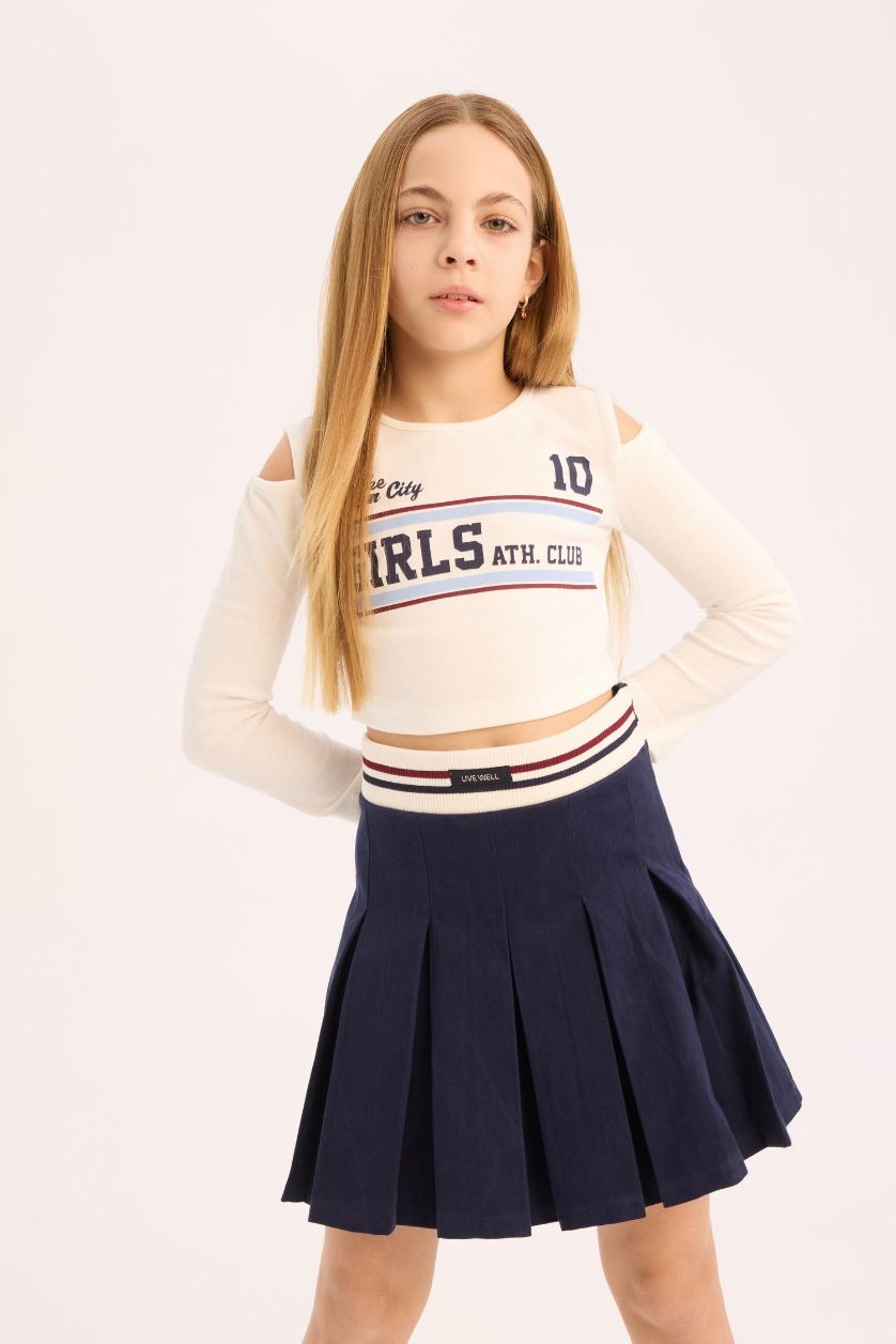 Girls & Teens Ecru Girl Slim Fit Crew Neck Printed Ribbed T-Shirt