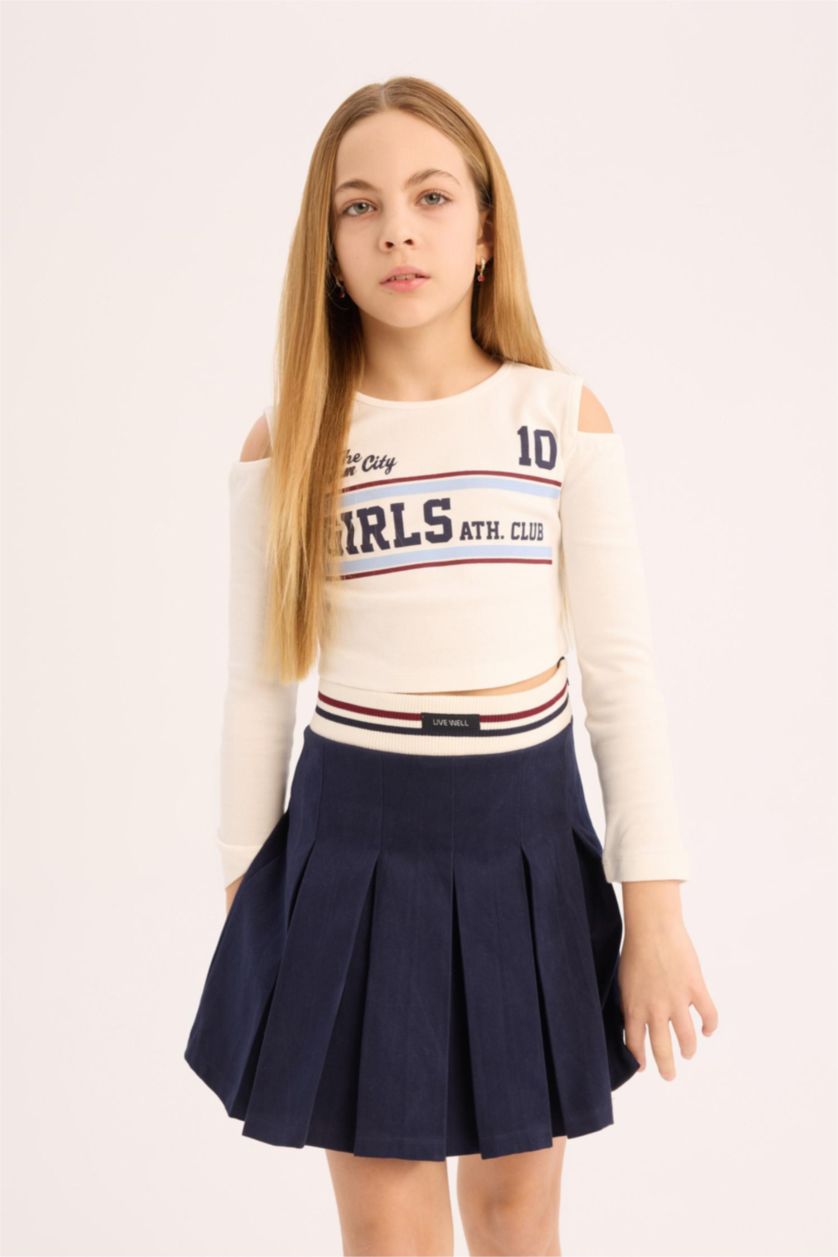 Girls & Teens Ecru Girl Slim Fit Crew Neck Printed Ribbed T-Shirt