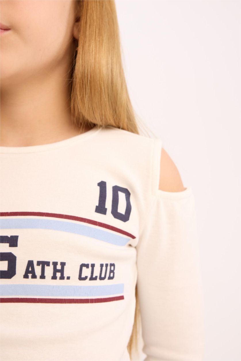 Girls & Teens Ecru Girl Slim Fit Crew Neck Printed Ribbed T-Shirt