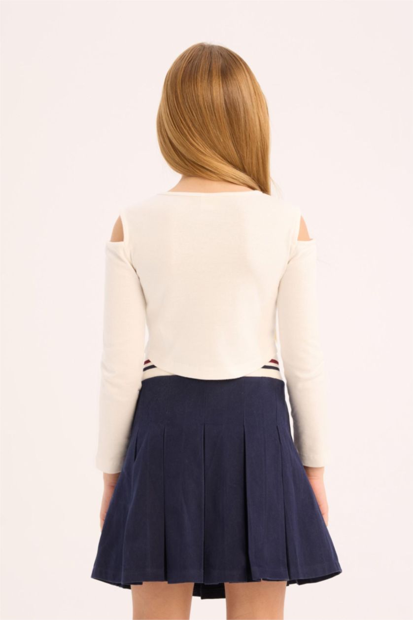 Girls & Teens Ecru Girl Slim Fit Crew Neck Printed Ribbed T-Shirt