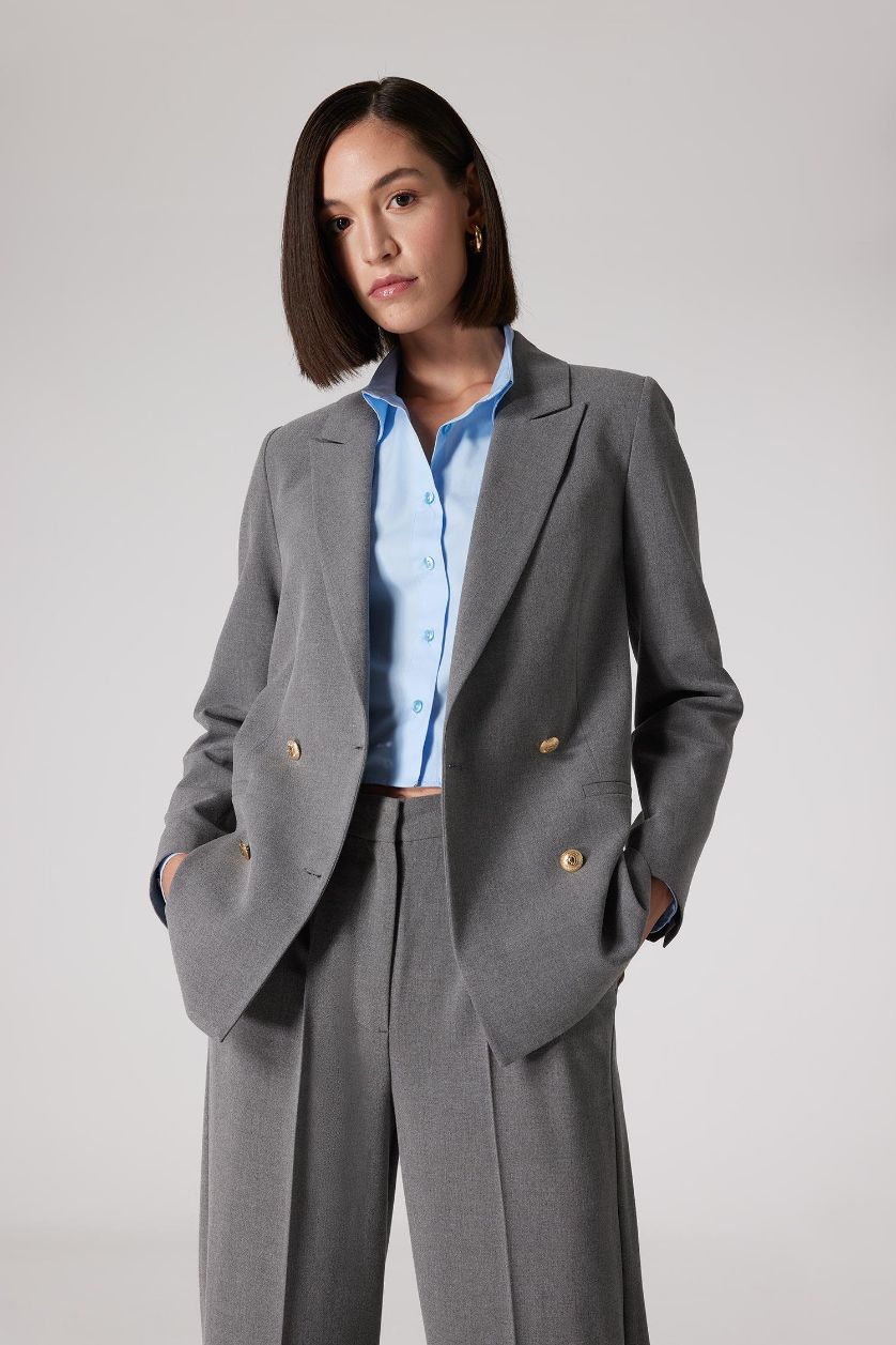 Kadın Antrasit Sorbe x DeFacto Kruvaze Yaka Basic Düz Düğmeli Blazer Ceket