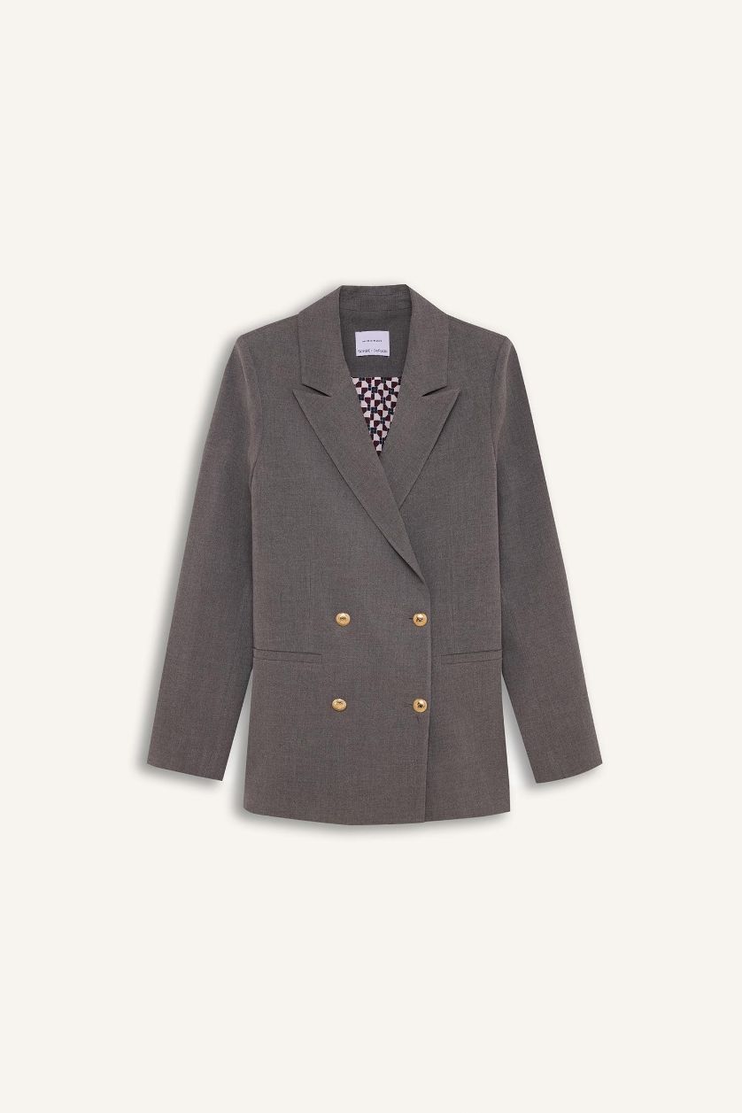 Kadın Antrasit Sorbe x DeFacto Kruvaze Yaka Basic Düz Düğmeli Blazer Ceket