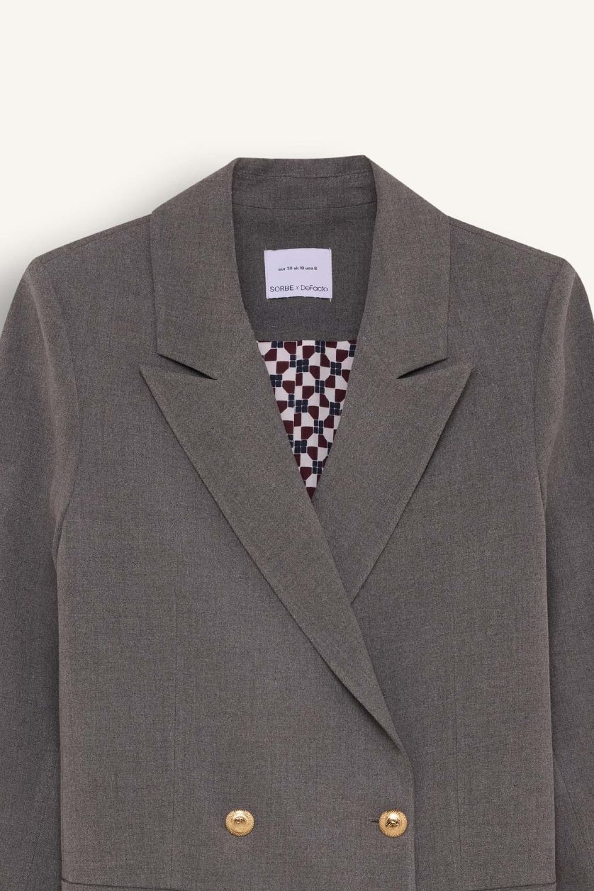 Kadın Antrasit Sorbe x DeFacto Kruvaze Yaka Basic Düz Düğmeli Blazer Ceket