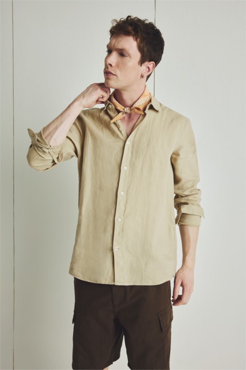 Man Beige 100% Linen Regular Fit Polo Collar Shirt