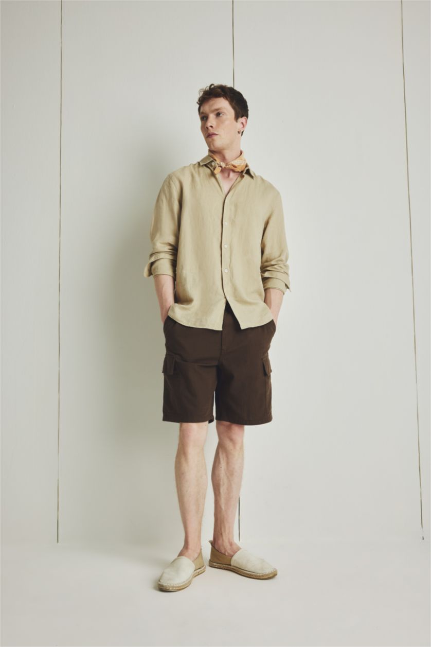 Man Beige 100% Linen Regular Fit Polo Collar Shirt