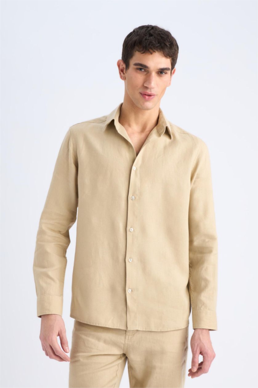 Man Beige 100% Linen Regular Fit Polo Collar Shirt