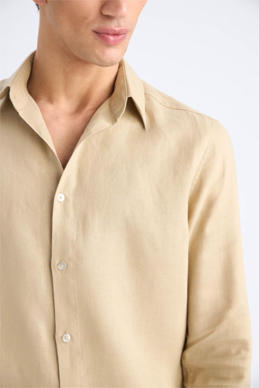 Man Beige 100% Linen Regular Fit Polo Collar Shirt