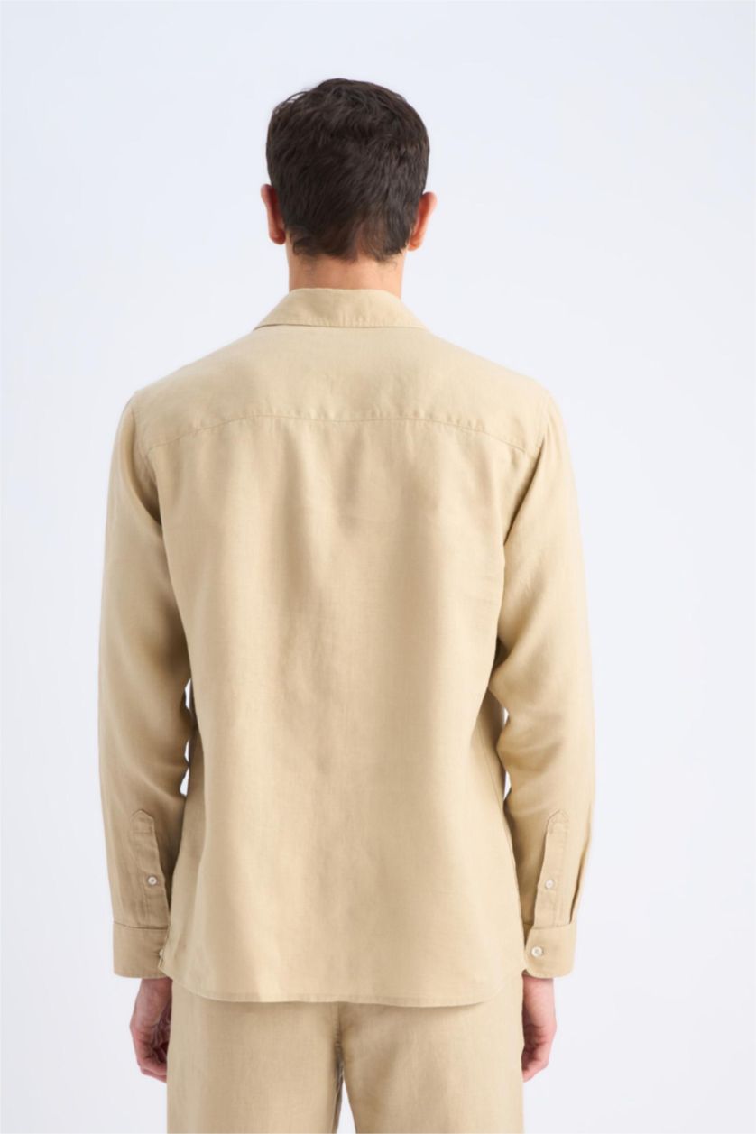 Man Beige 100% Linen Regular Fit Polo Collar Shirt