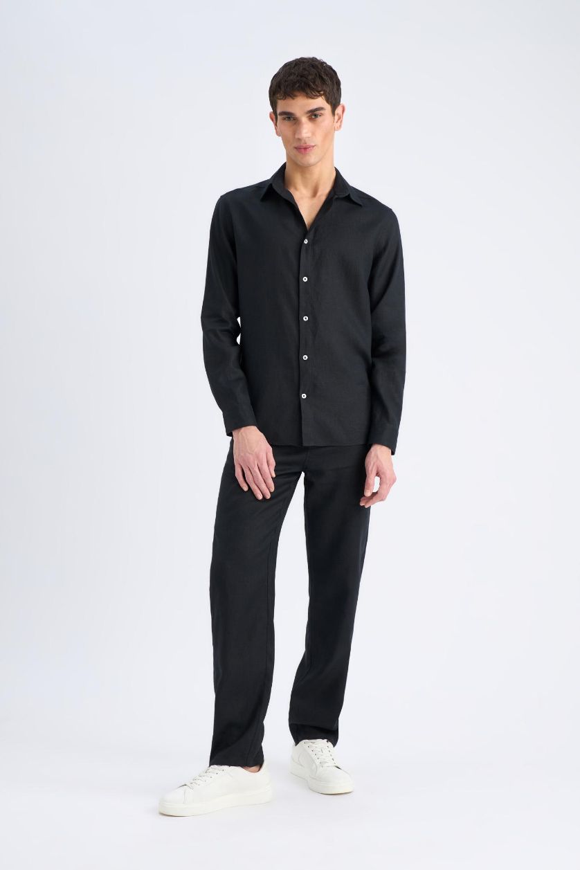 Erkek Siyah %100 Keten Regular Fit Polo Yaka Yazlık Uzun Kollu Siyah Gömlek