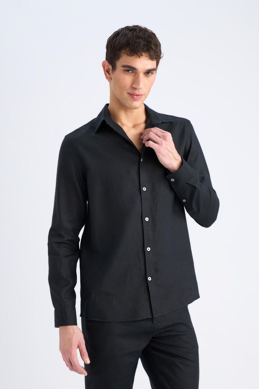 Erkek Siyah %100 Keten Regular Fit Polo Yaka Yazlık Uzun Kollu Siyah Gömlek