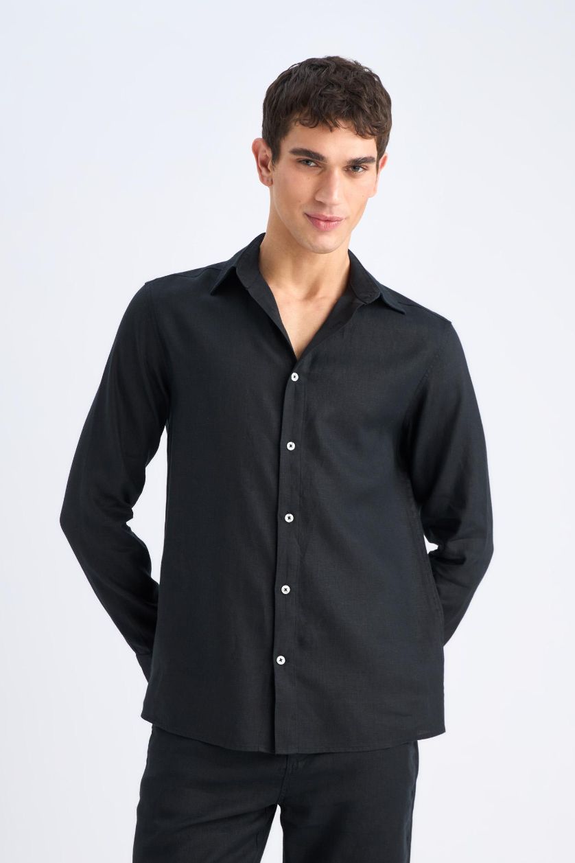 Erkek Siyah %100 Keten Regular Fit Polo Yaka Yazlık Uzun Kollu Siyah Gömlek