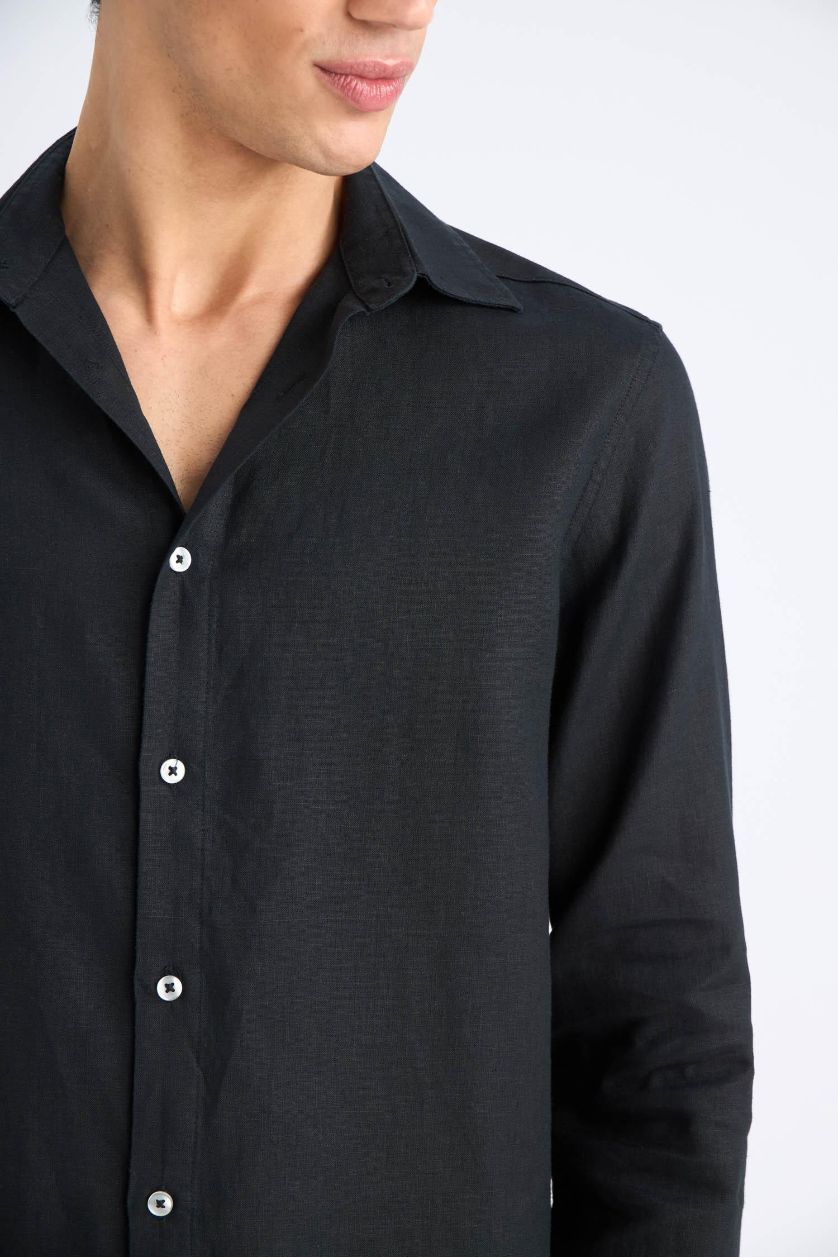 Erkek Siyah %100 Keten Regular Fit Polo Yaka Yazlık Uzun Kollu Siyah Gömlek